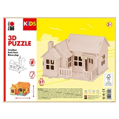 Abbildung von Marabu 317000000013 KiDS 3D Holzpuzzle Strandhaus, mit 27 Puzzleteilen aus FSC zertifiziertem Holz, ca. 19 x 14 cm groß, einfache Stecktechnik, zum individuellen Bemalen und Gestalten