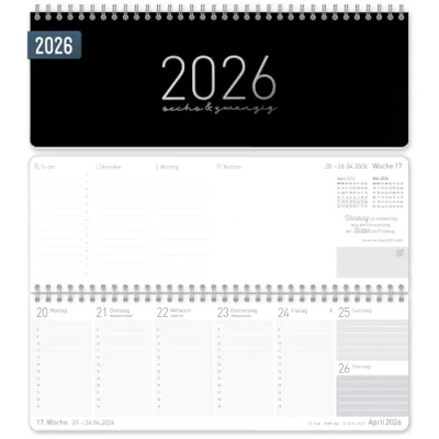 Abbildung von Häfft® Wochen Tischkalender 2026 quer &quot;Black Edition&quot; 1 Woche 2 Seiten, Schreibtisch Kalender mit Sprüchen, Wochenkalender 29,7 x 11,6 cm nachhaltig &amp; klimafreundlich