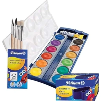 Abbildung von Pelikan DIN 5023 Deckfarbkasten K12, 12 Farben + 1 Tube Deckweiß, Schul Standard (mit Becher Pinsel), Blau, 8 teliges Set