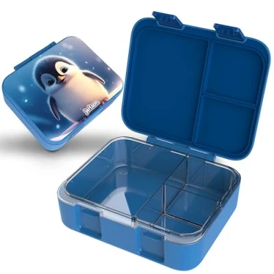 Abbildung von Jarlson® Brotdose Kinder mit Fächern MILI Lunchbox BPA frei Bento Box auslaufsicher Snackbox Jausenbox für Kindergarten und Schule 1000 ml Leichtgewicht (Penguin Blau)