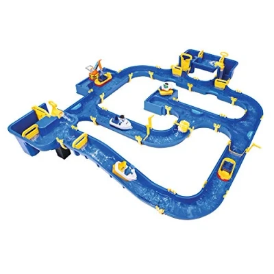 Abbildung von BIG Waterplay Amsterdam Wasserbahn blau, 175 x 143 27cm große Bahn, mit 4 Booten, Wasserflugzeug und 3 Spielfiguren, 2 Schleusen, Wasserpumpe Hafenbecken, ab Jahren