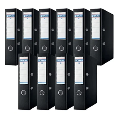 Abbildung von DONAU Premium Ordner Breit 10er Pack/DIN A4 / 7,5 cm 10 Stück/Schwarz/Kunststoffbezug PP/Carton Papier Schlitzordner Büroordner Aktenordner Ringordner/Grünen Punkt