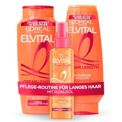 Abbildung von L&#039;Oréal Paris Elvital Germany&#039;s Next Topmodel Haarpflege Routine für langes und geschädigtes Haar: Dream Length Set mit Shampoo 300ml, Spülung 250ml Hitzeschutzspray 150ml