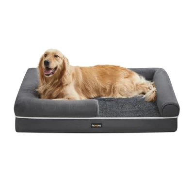 Abbildung von Feandrea Orthopädisches Hundebett, Hundekissen, Hundekorb, weiche Polsterung, Hundesofa, erhöhte Ränder, Bezug abnehmbar und waschbar, 106 x 80 25 cm, rutschfeste Unterseite, dunkelgrau PGW077G01