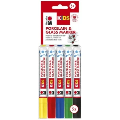 Abbildung von Marabu 0125000000083 Porcelain &amp; Glas Painter Kids, Set Maxi Fun mit 5 Farben, Porzellan und Glasmalstift für Kinder, kinderleichtes Malen, spülmaschinenfest nach Einbrennen, Spitze 1 3 mm