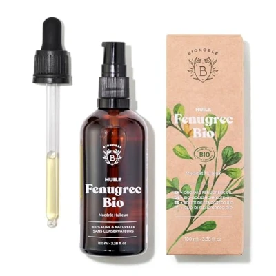 Abbildung von Bionoble Bockshornklee Öl Bio 100ml Mazerat aus Bockshornkleesamen + Sonnenblumenöl Körper, Brustbereich, Gesäß, Haare, Nägel Vegan Fenugreek Oil Glasflasche Pipette Pumpe
