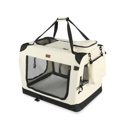 Abbildung von VOUNOT Hundebox faltbar, Transportbox Katze Hunde, Hundetasche, Oxford Gewebe, Netzstoff, Atmungsaktiv, Transportabel, Metallrahmen, mit Griffen, Taschen, 50x35x36cm S, Beige