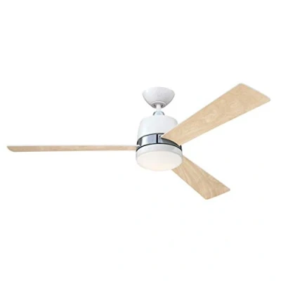 Abbildung von 73038 Tristan, moderner 132 cm DV/Beleuchtung und Fernbedienung von Westinghouse Lighting, Ausführung in Weiß mit Akzenten gebürstetes Nickel, Opalmilchglas