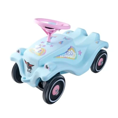 Abbildung von BIG Bobby Car Classic Einhorn Kinderfahrzeug mit Aufklebern im Design, für Jungen und Mädchen, belastbar bis zu 50 kg, Rutschfahrzeug Kinder ab 1 Jahr, Hellblau