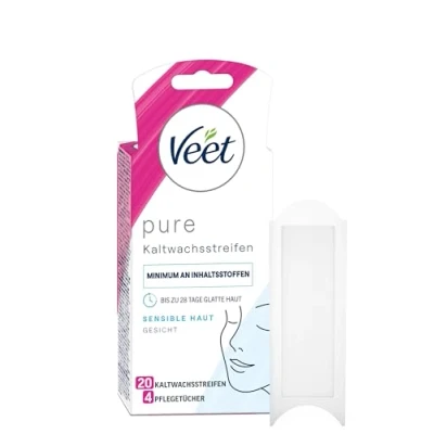 Abbildung von Veet PURE Kaltwachsstreifen Geeignet für sensible Haut Anwendung Gesicht Bis zu 28 Tage glatte 10 Doppelstreifen = 20 Einzelstreifen