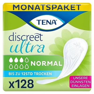 Abbildung von Tena Discreet Ultra Monatspaket, einzeln verpackt Hygieneeinlagen für Frauen bei leichter bis mittlerer Blasenschwäche, Inkontinenz und Tröpfchenverlust, Hell, 128 Stück (8er Pack)