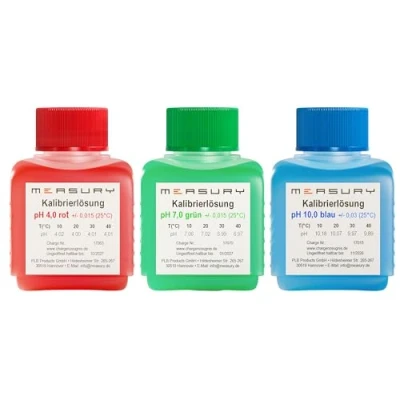 Abbildung von Measury pH Kalibrierlösung Set 4.00, 7.00 und 10.00 hergestellt in Deutschland, Pufferlösung je 50ml, Eichlösung Rot/Grün/Blau, Kalibrierflüssigkeit Eichflüssigkeit