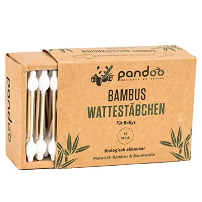 Abbildung von pandoo 4er Pack Bambus Wattestäbchen mit großem Sicherheitskopf (220 Stück) Biologisch Abbaubar, Vegan, Plastikfrei, Holzfrei &amp; Nachhaltig Ohrenstäbchen für Babys und Kinder