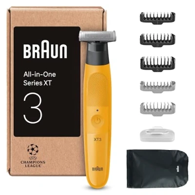 Abbildung von Braun Series XT3 Gesicht &amp; Körper, Elektrischer Rasierer, Barttrimmer Bodygroomer, +7 Zubehörteile, Scharfe 4D Flex Klinge, langlebig, bis zu 6 Monate, 45 Min. kabellose Laufzeit, XT3205, Gelb