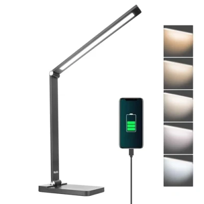 Abbildung von mafiti Schreibtischlampe LED Dimmbar Tischlampe 5 Farb und 3 Helligkeitsstufen, Augenfreundliche Nachttischlampe, USB Anschluss für Leser, Kinder, Büro Schwarz