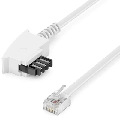 Abbildung von deleyCON 10m Telefonkabel TAE F Stecker auf RJ11 Int. Norm 6P4C Flachkabel Analoge Endgeräte an Telefondose Telefon Fax Modem Router Anrufbeantworter Weiß