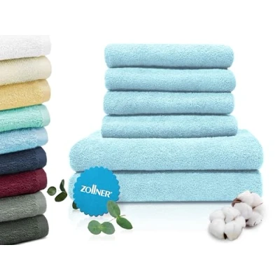 Abbildung von ZOLLNER Handtuch Set aus 4 Handtücher 50x100 cm &amp; 2 Duschtücher 70x140 saugstarke und weiche Tücher in hellblau mit praktischem Aufhänger waschbar bis 60C Baumwolle Hotelqualität