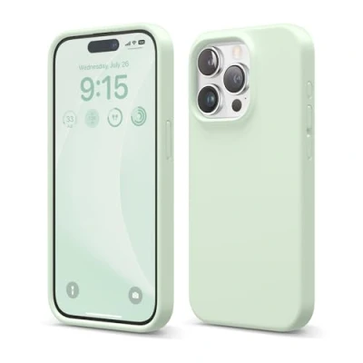 Abbildung von elago Kompatibel mit iPhone 15 Pro Hülle, 15,5 cm Full Cover Liquid Silikon Handyhülle Stoßfest Weiches Mikrofaserfutter Kratzfest (Soft Mint)