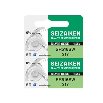 Abbildung von 2X Knopfzellen Original SEIZAIKEN 317, SR516SW, 1.55 V, Uhrenbatterien Akku Silberoxid, 0% Quecksilber, 100% Made in Japan