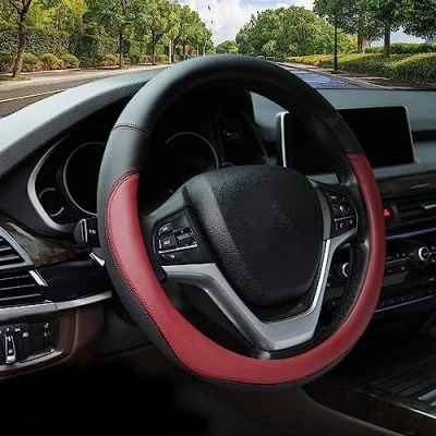 Abbildung von Valleycomfy Lenkradabdeckungen Für Frauen Männer Universal 37 39cm Auto Lenkradabdeckung Kunstleder, Weinrot
