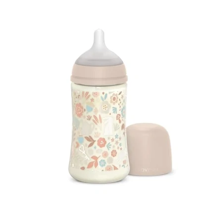 Abbildung von Suavinex, 270 ml Babyflasche, SX Pro Silikon Sauger, Antikolik Ventil. Flasche mit mittlerem Fluss Sauger (M). Babys +0 Monate. Wonderland, Blumen, Rosa