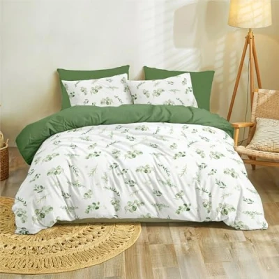 Abbildung von Dreamzie Bettwäsche Set 200x200 cm mit 2 Kissenbezügen 80x80 Botanic Motiv Salbeigrün Erwachsene aus 100% Mikrofaser Zertifiziert ohne Chemikalien (Oeko TEX)
