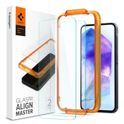 Abbildung von Spigen AlignMaster Schutzfolie kompatibel mit Samsung Galaxy A55 5G, 2 Stück, Kratzfest, 9H Härte Folie