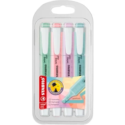 Abbildung von Textmarker STABILO swing cool Pastel 4er Pack Hauch von Minzgrün, rosiges Rouge, Schimmer Lila, zartes Türkis