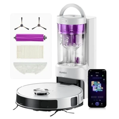 Abbildung von EUREKA E20 Plus Saug &amp; Wischroboter + beutelloser Multi Zyklon Absaugstation (Duo KI 3D Hindernisvermeidung Night Vison, 8000Pa, bis zu 300m2, Anti Haarverhedderung, App Sprachsteuerung) weiß