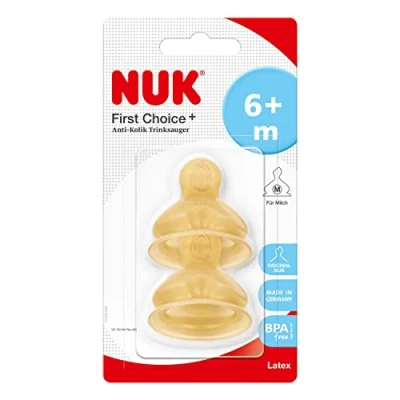 Abbildung von NUK First Choice+ Latex Trinksauger, für ein natürliches Trinkgefühl, kiefergerechte Form, Größe 2, ab 6 18 Monate, M Milch, 2 Stück
