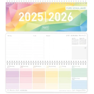 Abbildung von Häfft® Wochen Tischkalender Schuljahr 2025/2026 &quot;Rainbow&quot; im Quer Format, 1 Woche auf 2 Seiten Wochenkalender, Schreibtisch Kalender Schule nachhaltig &amp; klimafreundlich