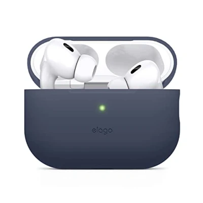 Abbildung von elago Silikonhülle Kompatibel mit Apple AirPods Pro 2. Generation Case, Schutzhülle, Front LED sichtbar, Unterstützt Kabelloses Aufladen (Dunkelblau)