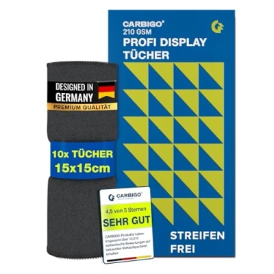 Abbildung von Carbigo® 210 GSM Profi Mikrofasertuch Display Streifenfreie Reinigung von Display, Brillen, Bildschirmen Fusselfreies &amp; weiches Microfasertuch Innovatives Poliertuch 15x15cm (10)