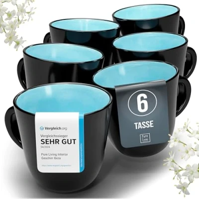 Abbildung von Steingut Kaffeetassen 6 Pers. Ibiza Hochwertiges Mediterranes TEST SEHR GUT Tassen Set, Spülmaschinen , Mikrowellen und Kratzfest Stylisches Tee Kaffeebecher Set Pure Living in Aquamarin