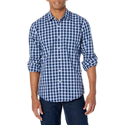 Abbildung von Amazon Essentials Herren Langärmeliges Hemd aus Popeline, Schmale Passform, Marineblau Weiß Karomuster, XL