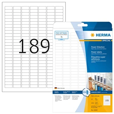 Abbildung von HERMA 10900 Power Etiketten, 25 Blatt, 25,4 x 10 mm, 189 pro A4 Bogen, 4725 Stück, selbstklebend, bedruckbar, extrem stark haftend, blanko Papier Klebeetiketten Aufkleber, weiß