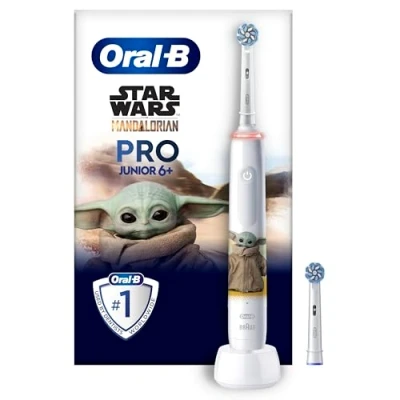 Abbildung von Oral B Pro Junior Star Wars Elektrische Zahnbürste/Electric Toothbrush für Kinder ab 6 Jahren, 2 Aufsteckbürsten, 360 Andruckkontrolle, Putzmodi inkl. Sensitiv Zahnpflege, weiche Borsten, weiß