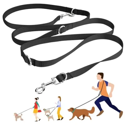 Abbildung von oneisall Freihandleinen für kleine &amp; mittelgroße Hunde, Hundeleine 2.5m verstellbar Übungsleine Führleine Nylon Doppelleine mit 2 Karabiner Schwarz