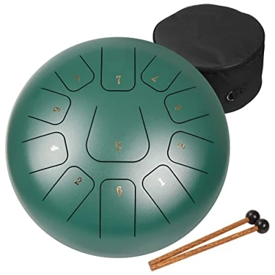Abbildung von Amkoskr Stahlzungentrommel, 10 Zoll 25 cm Steel Tongue Drum, C Dur 11 Noten, Handtrommel HandPan Drum mit Drumsticks/Tragetasche(Grün)