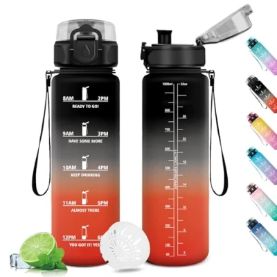 Abbildung von Wasserflasche Sport 1L, Auslaufsicher mit Filter, Motivierende Trinkflasche Zeitmarkierung, Kohlensäure Geeignet, Sportflasche für Gym, Fitness, Büro, Schule, Yoga, Outdoor