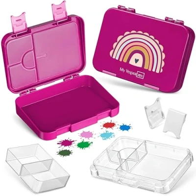 Abbildung von My Vesperbox Len Bento Box Kinder Lunchbox mit 4+2 Fächern extrem robust Brotdose Brotbox ideal für Kindergarten und Schule… (Lila Regenbogen)