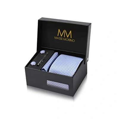 Abbildung von Massi Morino Krawatte Hellblau mit Einstecktuch Set Herren inkl. Manschettenknöpfe, Krawattennadel und Geschenkbox Männer Krawattenset