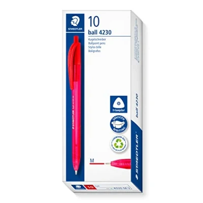 Abbildung von STAEDTLER dreikant retract Kugelschreiber, Schreibfarbe rot, Linienbreite M ca. 1,00 mm, für entspanntes Schreiben, 10 rote Kugelschreiber im Kartonetui, 4230 2