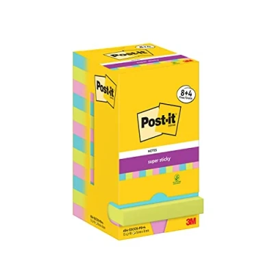 Abbildung von Post it Super Sticky Notes Cosmic Collection, Packung mit 12 Blöcken, 90 Blatt pro Block, 76 mm x mm, Türkis, Grün, Pink Extra stark klebende Notizzettel für Notizen und To Do Listen