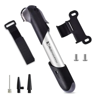 Abbildung von VeloChampion Mini Fahrradpumpe 100 PSI tragbar, leicht, kompakt mit Rahmenhalterung. Passend für Presta, Schrader und Dunlop Ventile Road, Mountain BMX.
