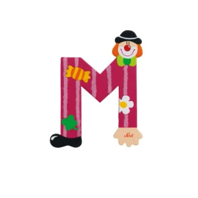 Abbildung von SEVI Blase 81749 Holzbuchstabe M 10 cm, Türbuchstaben für Kinderzimmer, ABC Lernspielzeug aus Holz Kinder ab 3 Jahren, Buchstabe Clowns Lila/Grün, Buchstabenmuster, ca. x 7,5 cm