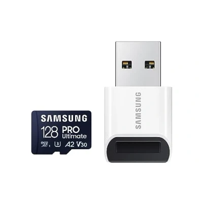 Abbildung von Samsung PRO Ultimate microSD Karte + USB Kartenleser, 128 GB, Für Smartphones, Drohne und Action Cam , UHS I U3, 200 MB/s Lesen, 130 Schreiben,‎ MB MY128SB/WW