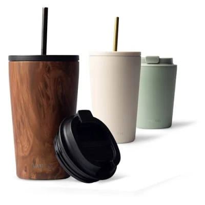 Abbildung von MAMEIDO Thermobecher mit Strohhalm 470ml &amp; 700ml Trinkbecher Deckel und aus Edelstahl doppelwandig isoliert, auslaufsicher Coffee to go Becher (Oak Wood, 0,47l)