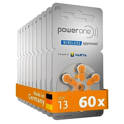 Abbildung von Varta Power one Hörgerätebatterien Typ 13 orange, Batterien 60 Stück Vorratspack, wireless approved, Größe p13 für Hörgeräte und Hörhilfen, high hearing level, quecksilberfrei, Made in Germany