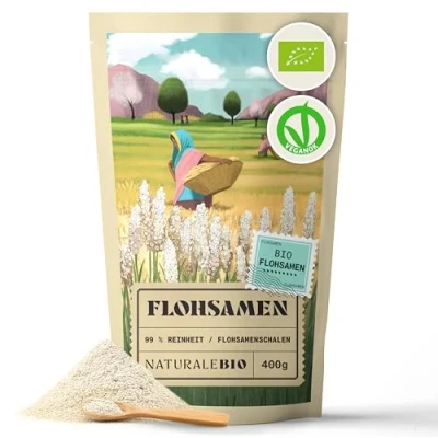 Abbildung von Bio Flohsamenschalen, 99% Reinheit, 400g natürliche Psyllium Samenschalen, Naturbelassen, rein, Ballaststoffreich, Vegan, Zum Auflösen in Wasser, Getränken und Säften, NaturaleBio.
